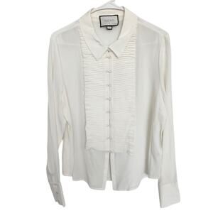 ALEXIS Silk Off White Blouse L Military Retro Inspired Quiet Luxury Office Party